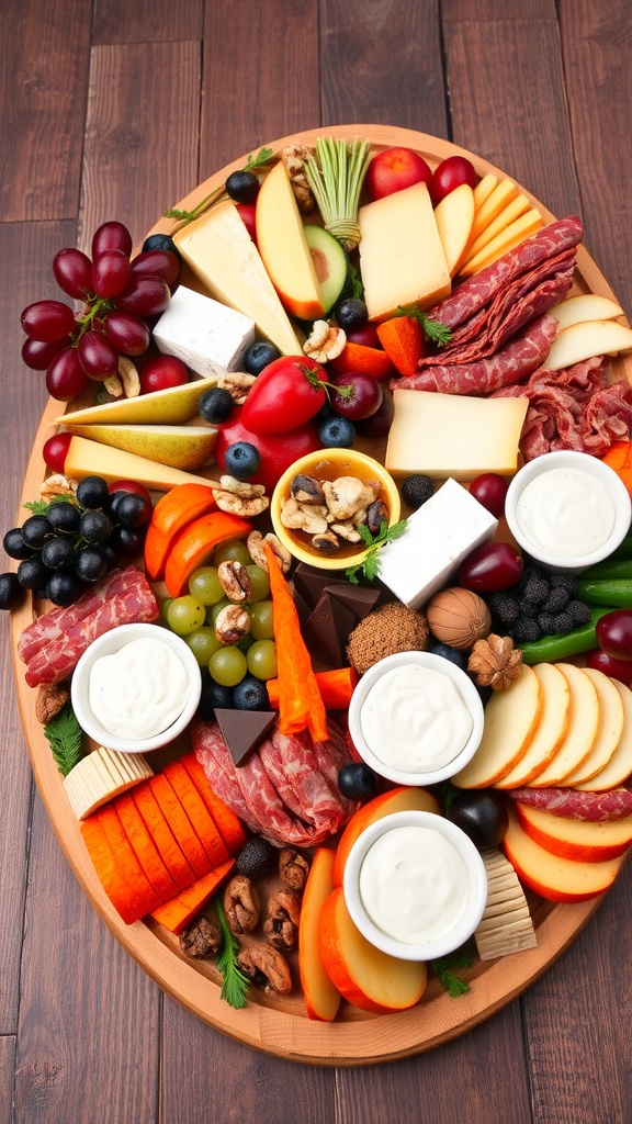 An assorted snack platter with cheeses, meats, fruits, vegetables, and dips on a wooden table.